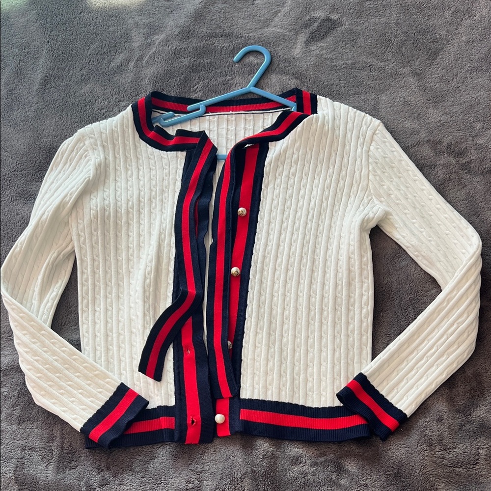 Elegant White Cardigan with Navy and Red Accents